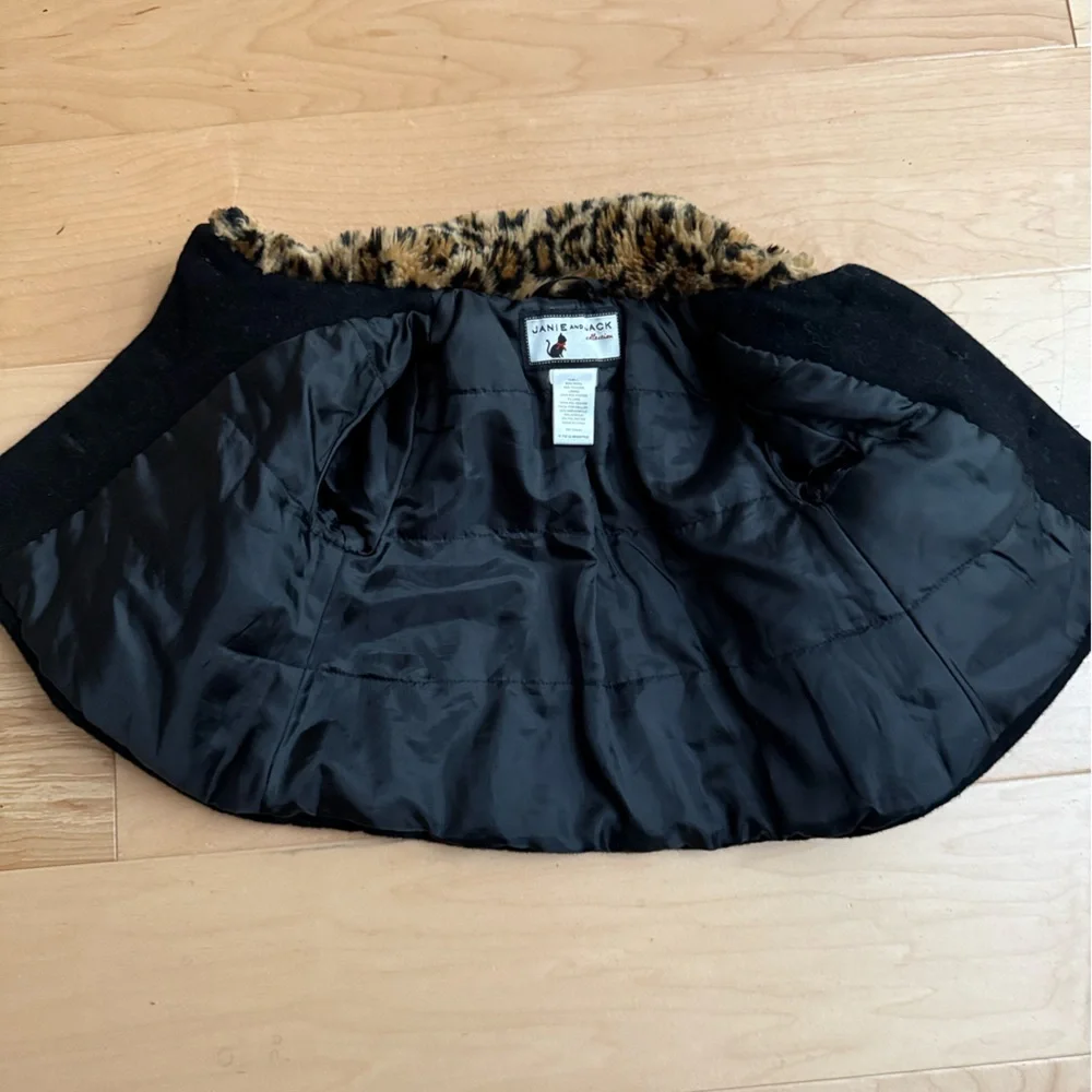 Janie and Jack Black Wool Blend Coat Leopard Faux‎ Fur Collar 6-12 Months Kids